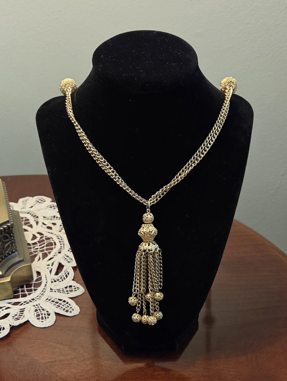 Vintage Mid Century Gold Multi Chain Opera Sautoir Tassel Necklace 33"